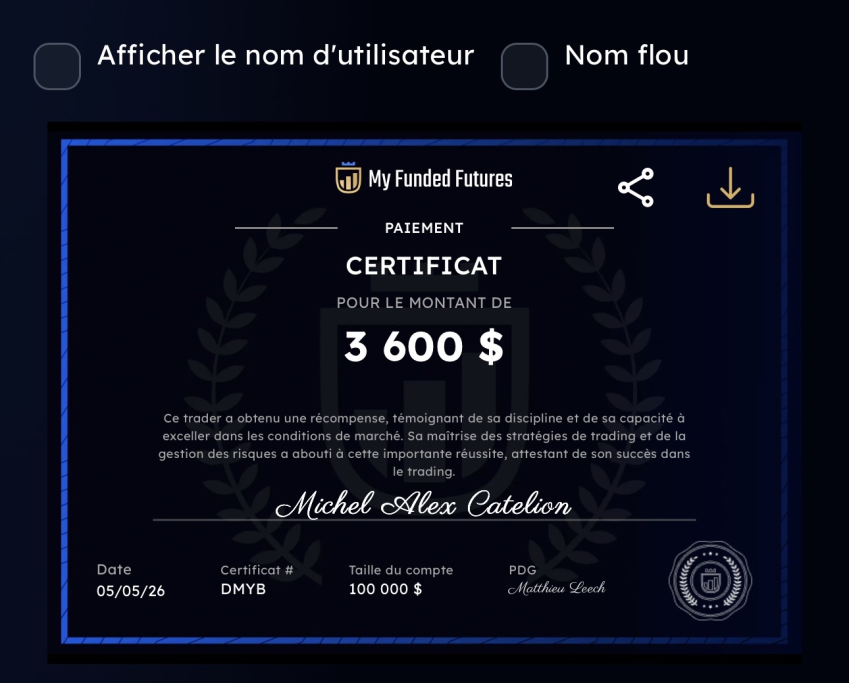 Payout MFFU - 3 600 $ Certificat de payout My Funded Futures de 3 600 dollars