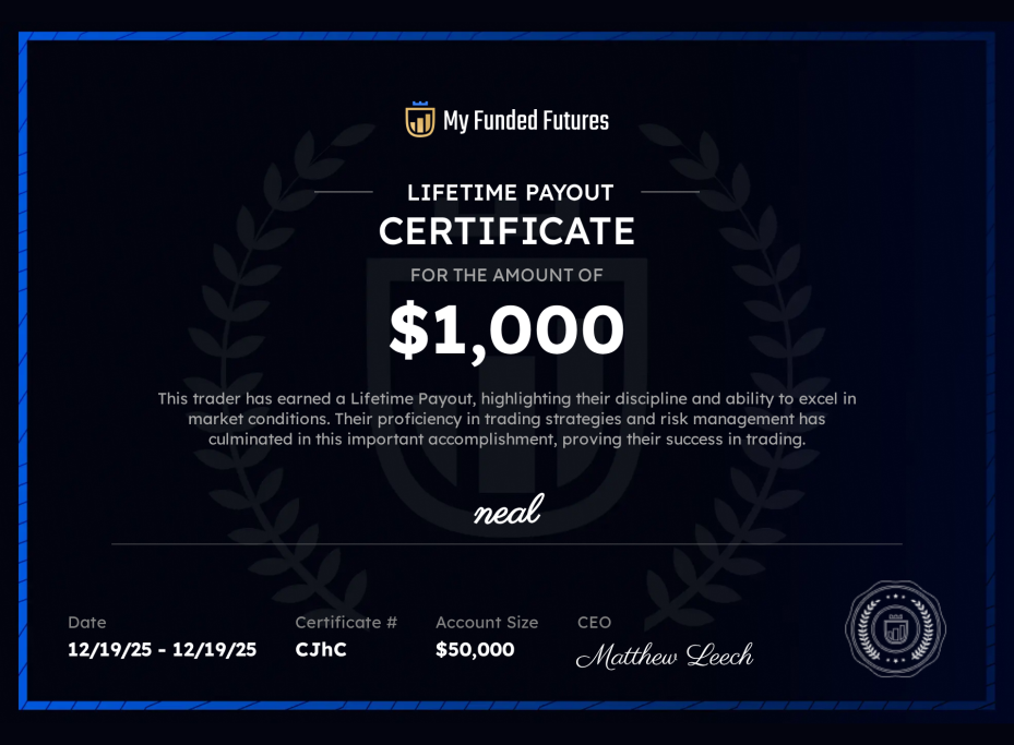 Payout MFFU - 1 000 $ Certificat Lifetime Payout My Funded Futures de 1 000 dollars obtenu par Neal