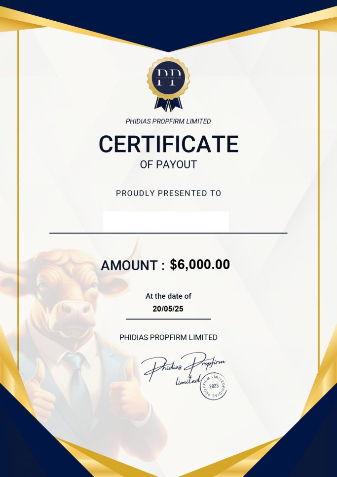 Payout Phidias - 6 000 $ Certificat de payout Phidias de 6 000 dollars