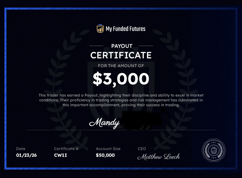 Payout MFFU - 3 000 $ Certificat de payout My Funded Futures de 3 000 dollars obtenu par Mandy